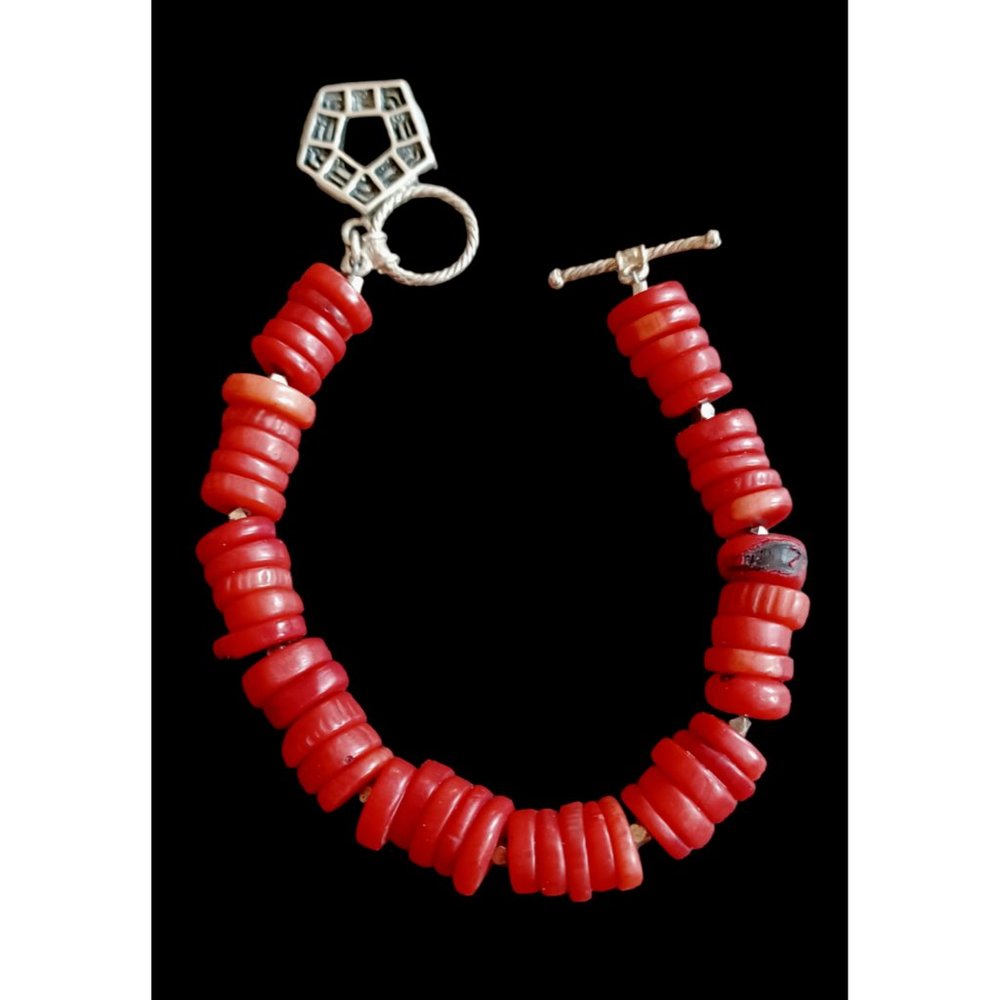 Pentagon 925 Sterling Silver Red Coral 7.25" Bracelet Unisex